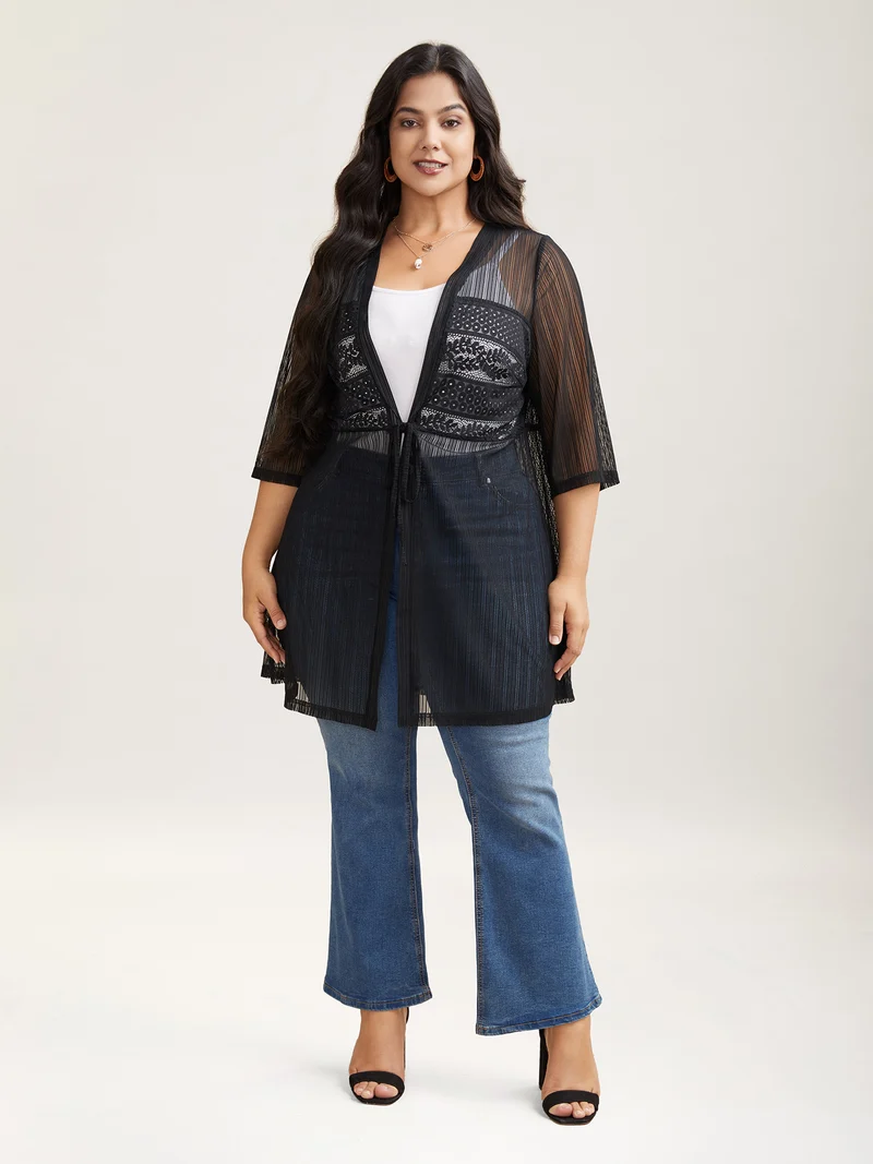 Sheer Lace Detail Tied Kimono Cardigan