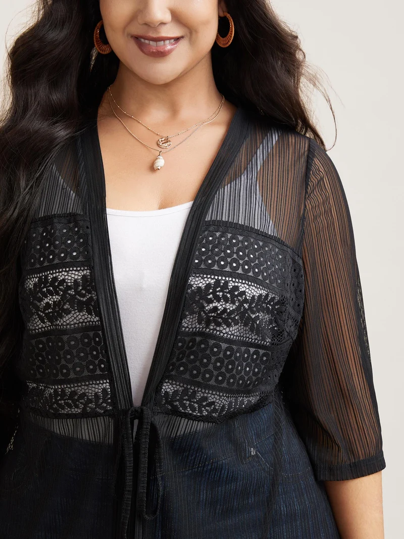 Sheer Lace Detail Tied Kimono Cardigan