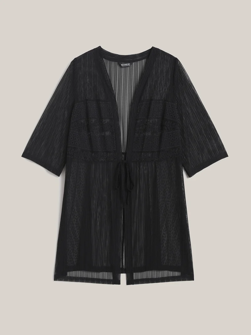 Sheer Lace Detail Tied Kimono Cardigan