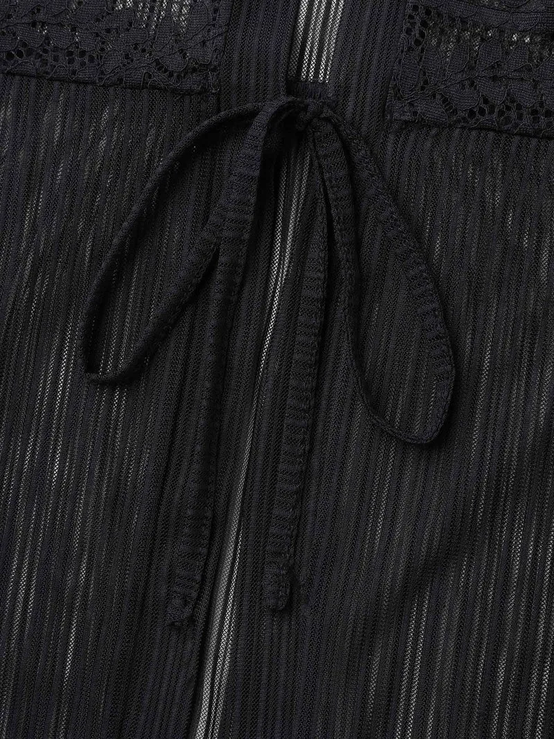 Sheer Lace Detail Tied Kimono Cardigan