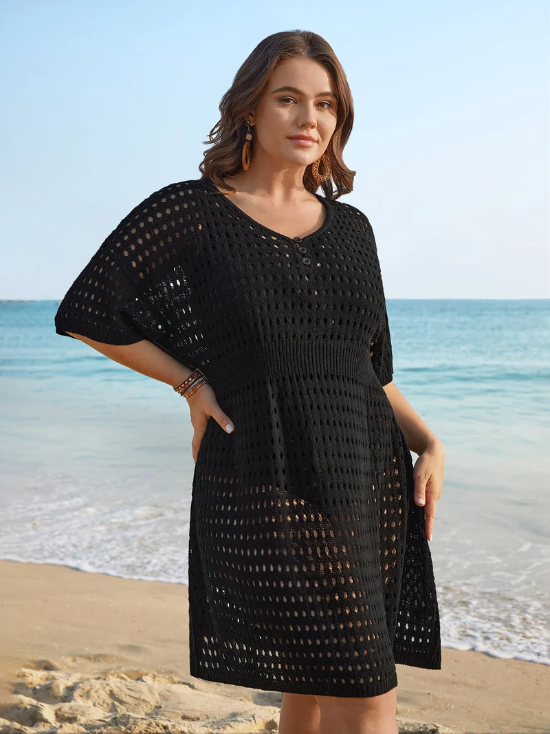 Cut-Out Waist-Cinched Button Swim Cover-Up