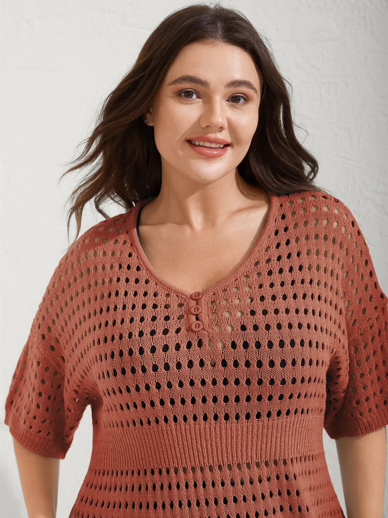 Cut-Out Waist-Cinched Button Swim Cover-Up