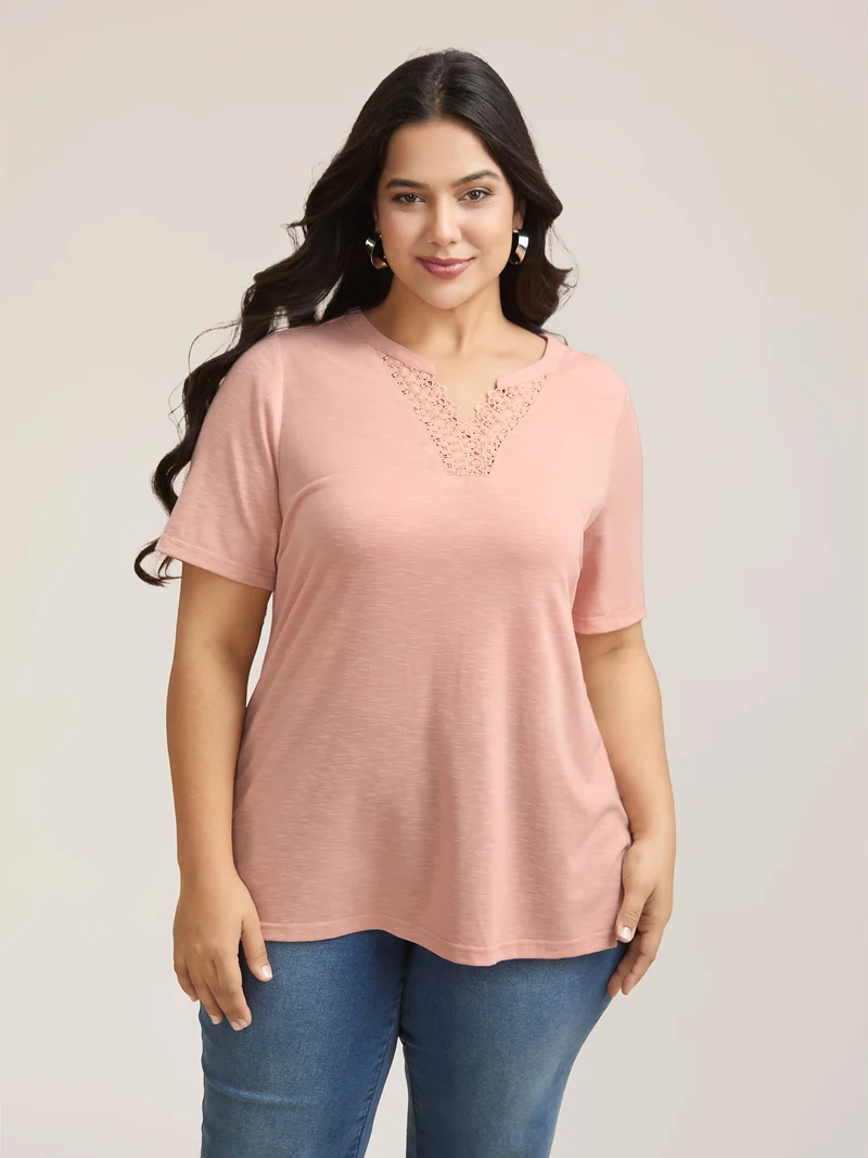 Lace Detail Notched Collar Fitted T-Shirt