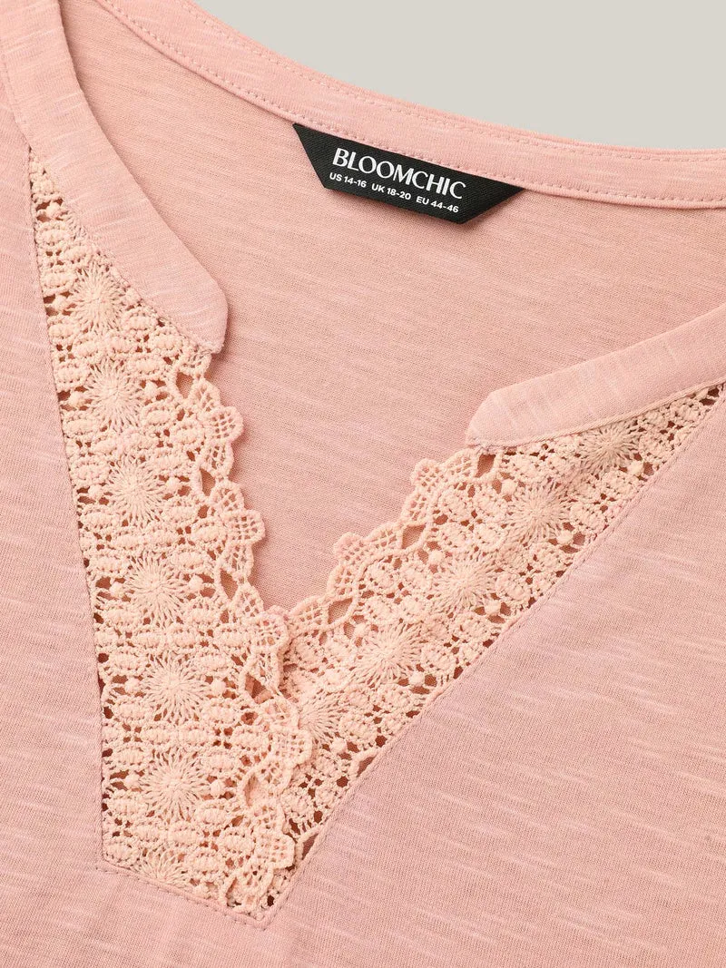 Lace Detail Notched Collar Fitted T-Shirt