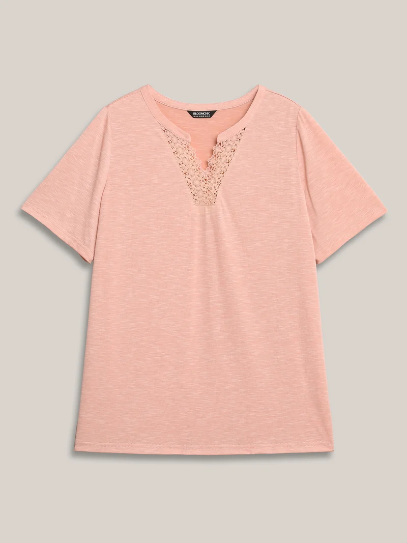 Lace Detail Notched Collar Fitted T-Shirt