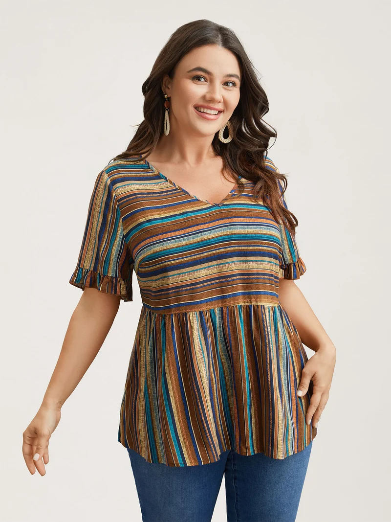 Striped V-Neck Peplum Shirt