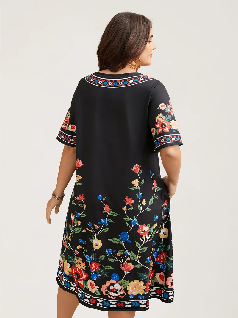 Boho Print V-Neck Flared Sleeve Midi Dress