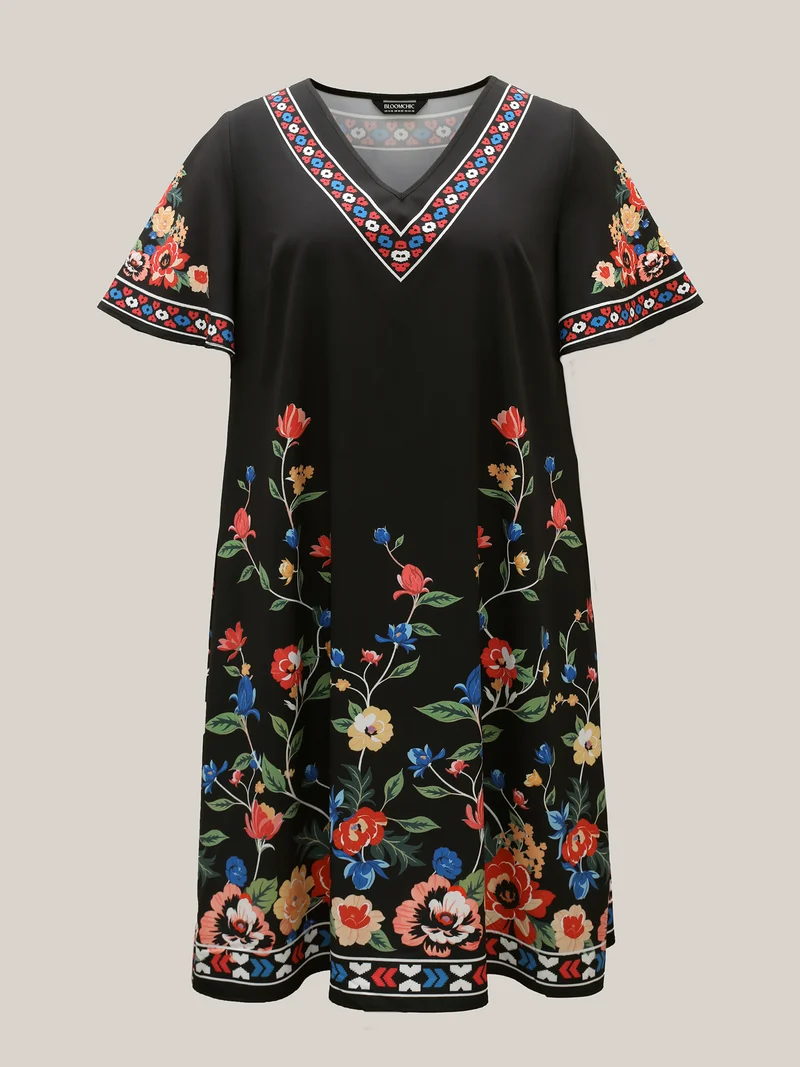 Boho Print V-Neck Flared Sleeve Midi Dress