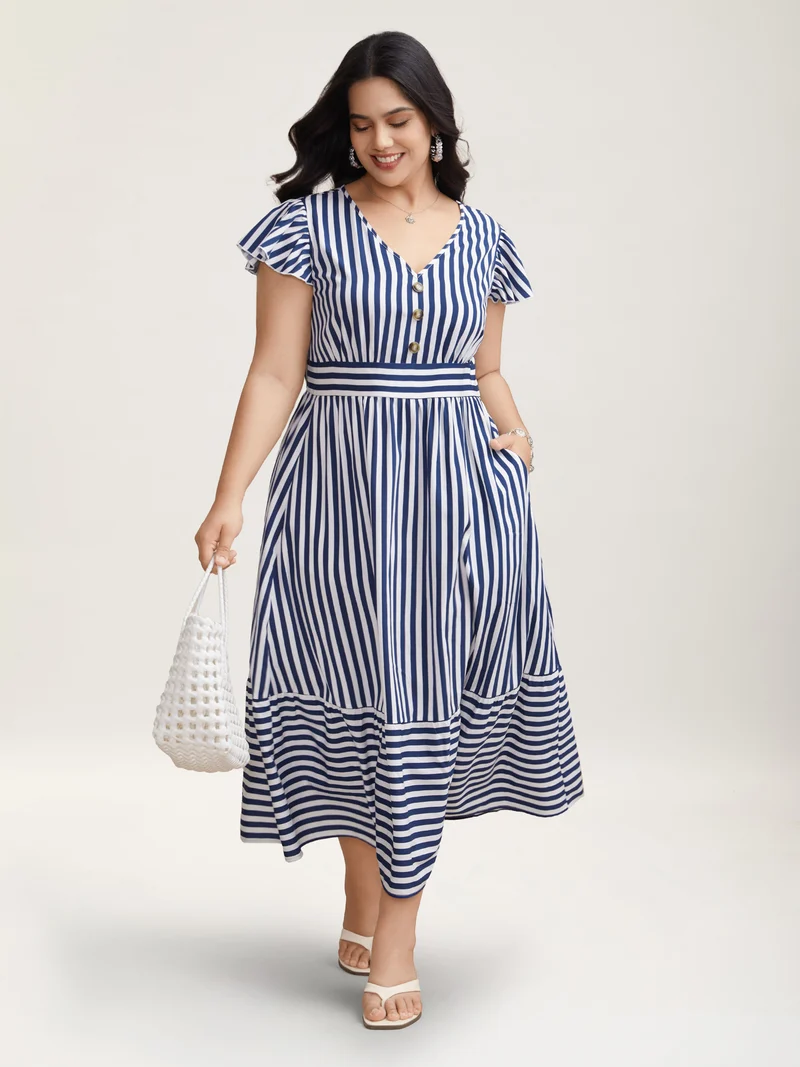 Nautical Stripes Stretchy Waist Tiered Midi Dress