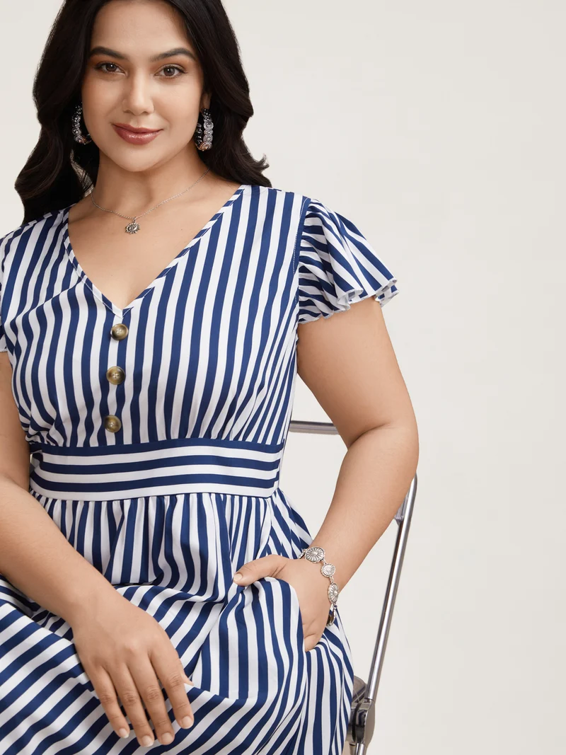 Nautical Stripes Stretchy Waist Tiered Midi Dress