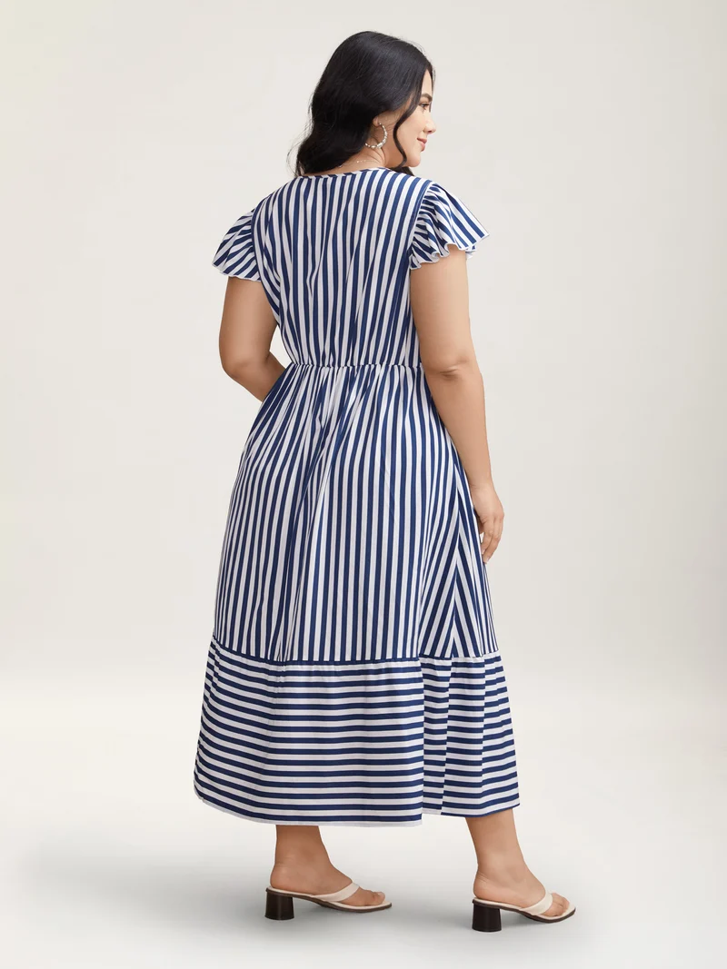 Nautical Stripes Stretchy Waist Tiered Midi Dress