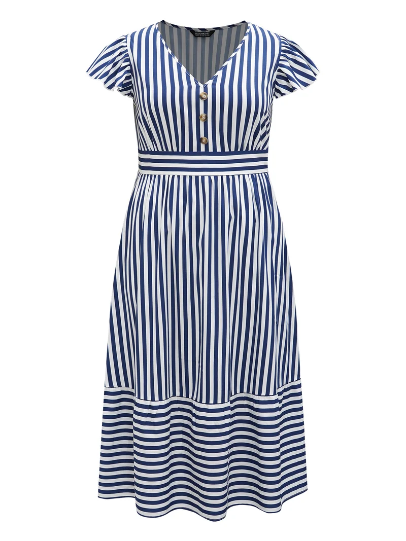 Nautical Stripes Stretchy Waist Tiered Midi Dress