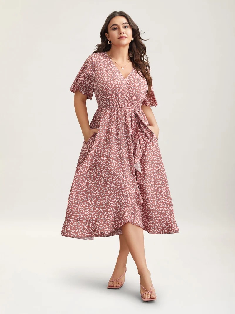 Ditsy Floral Print Stretchy-Waist Ruffle Midi Dress