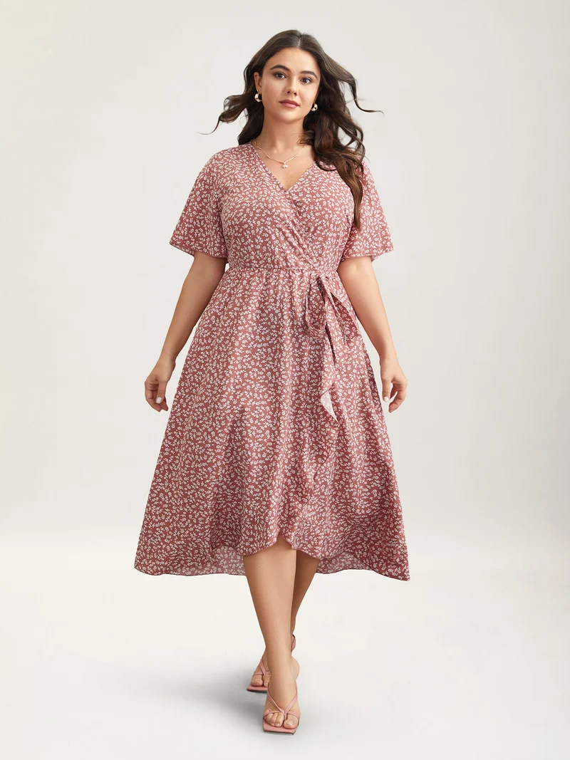 Ditsy Floral Print Stretchy-Waist Ruffle Midi Dress