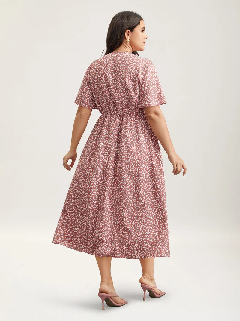 Ditsy Floral Print Stretchy-Waist Ruffle Midi Dress
