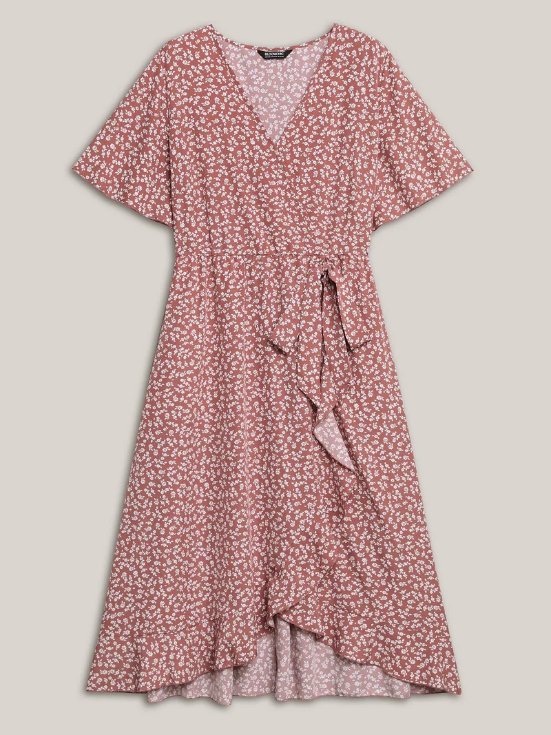 Ditsy Floral Print Stretchy-Waist Ruffle Midi Dress