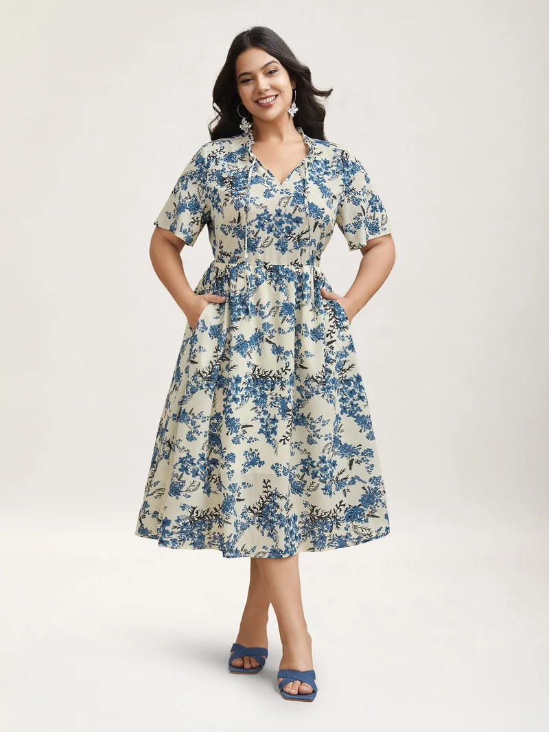 In Full Bloom Notched Collar Pockets Midi Dress
