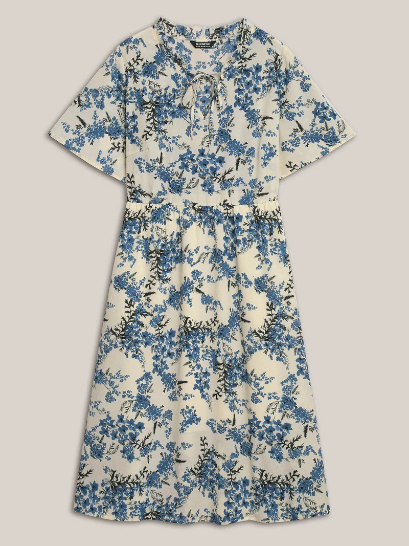In Full Bloom Notched Collar Pockets Midi Dress