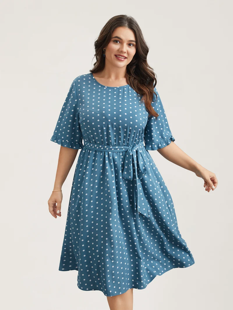 Polka Dot Print Belted Stretchy Midi Dress