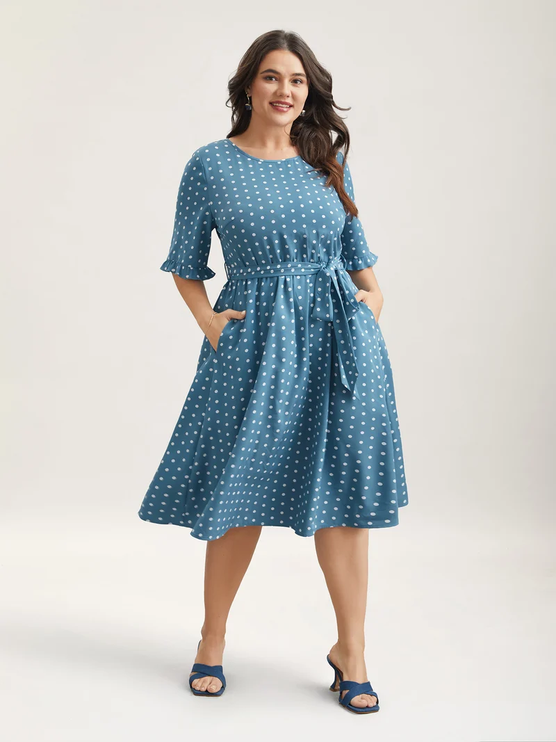 Polka Dot Print Belted Stretchy Midi Dress