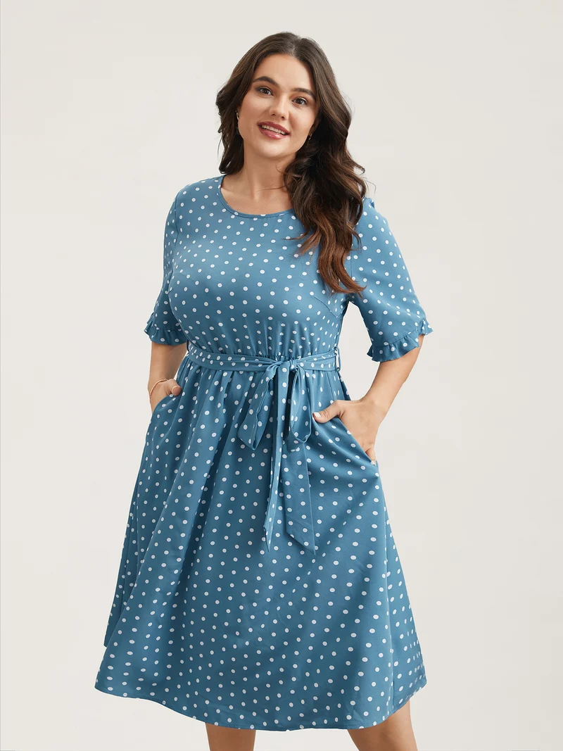 Polka Dot Print Belted Stretchy Midi Dress