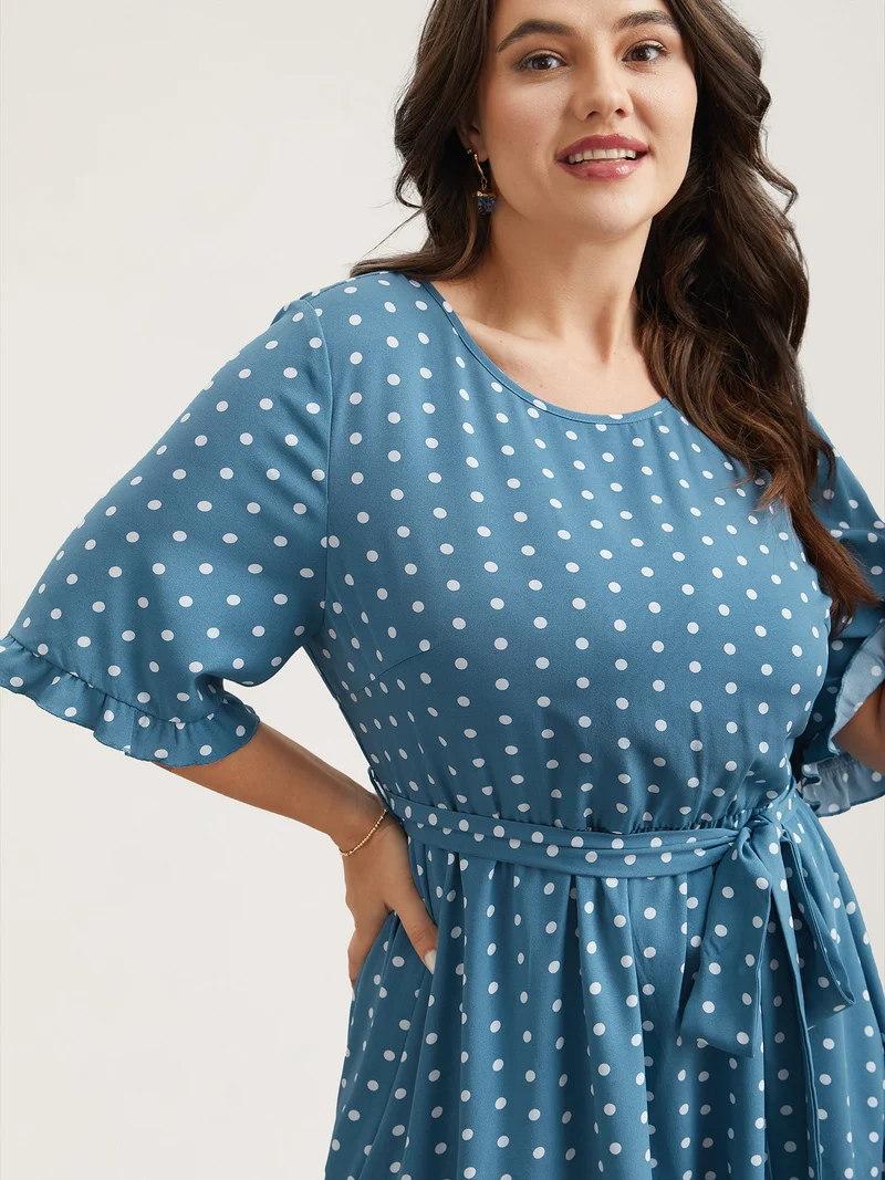 Polka Dot Print Belted Stretchy Midi Dress