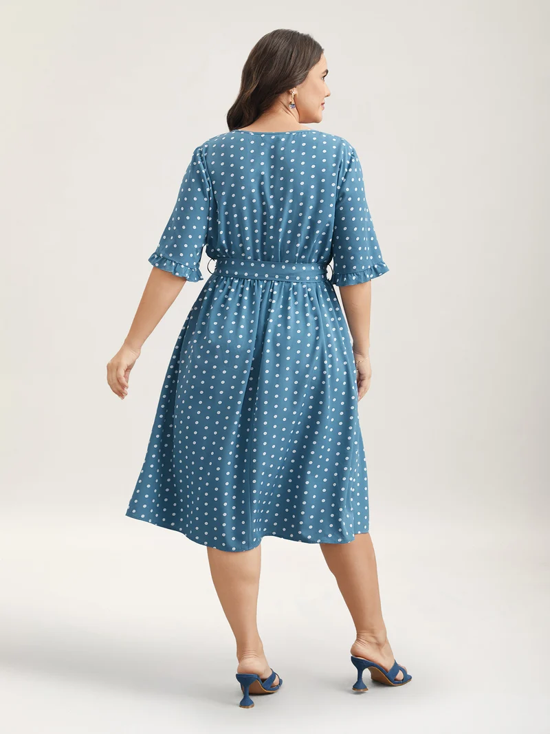 Polka Dot Print Belted Stretchy Midi Dress