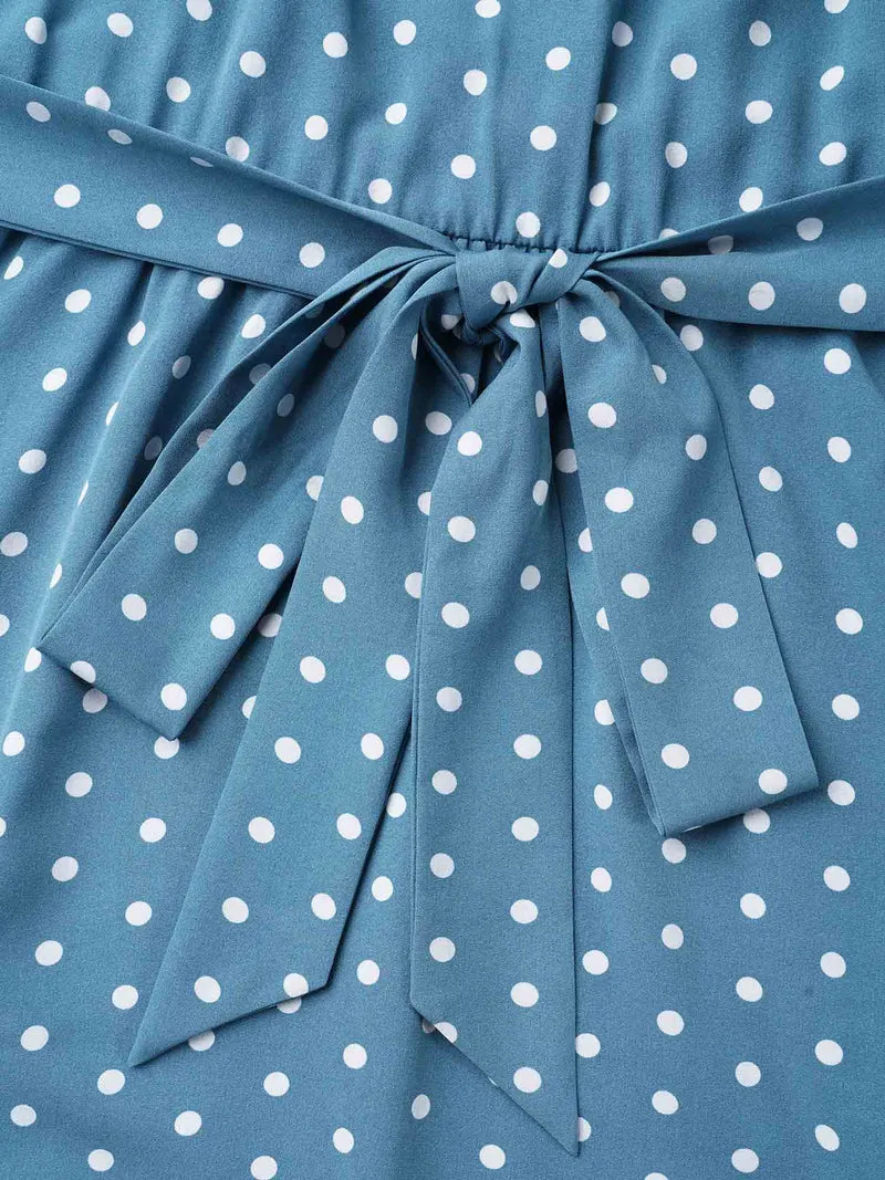 Polka Dot Print Belted Stretchy Midi Dress
