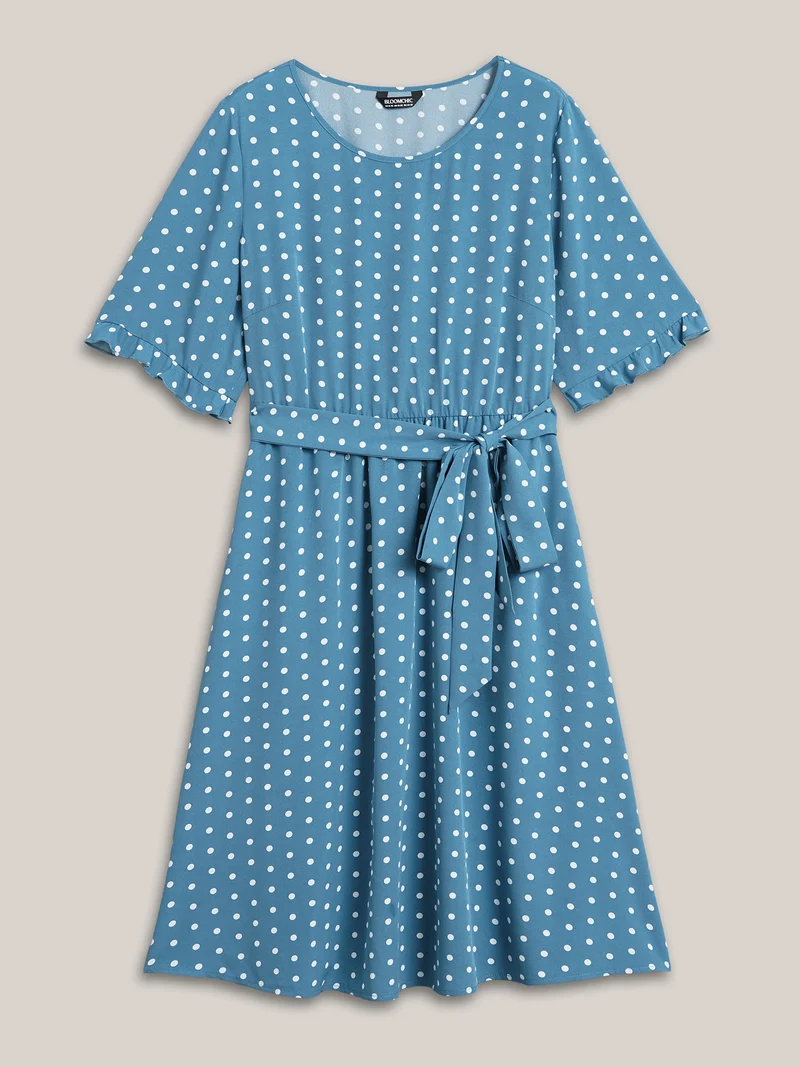 Polka Dot Print Belted Stretchy Midi Dress