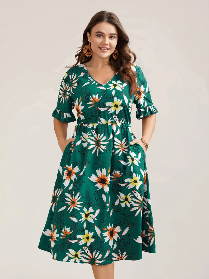 Spring Floral Print Pockets Ruffled Midi Dress