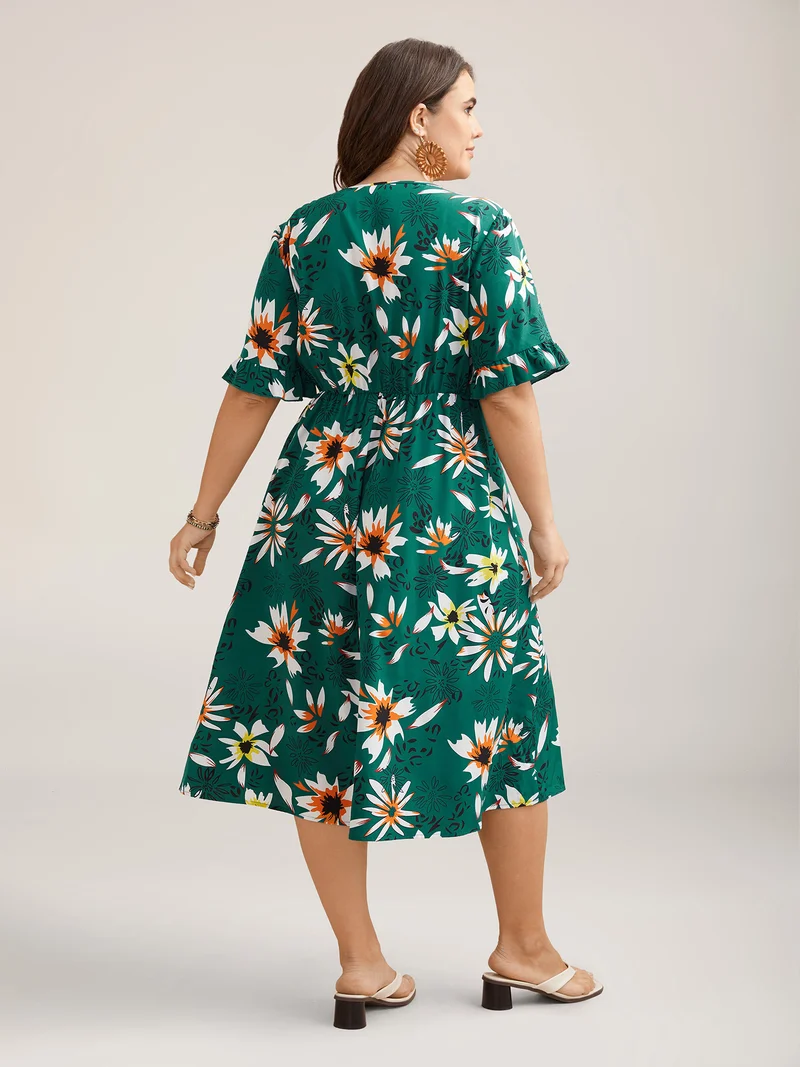 Spring Floral Print Pockets Ruffled Midi Dress