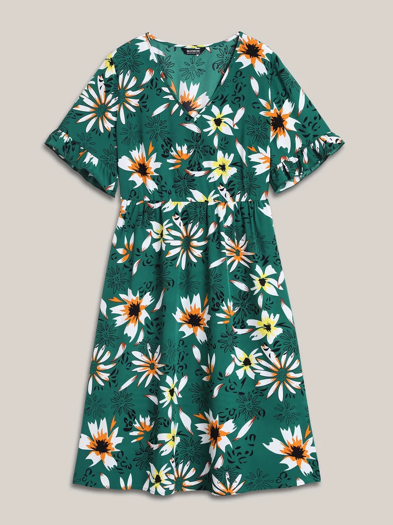 Spring Floral Print Pockets Ruffled Midi Dress