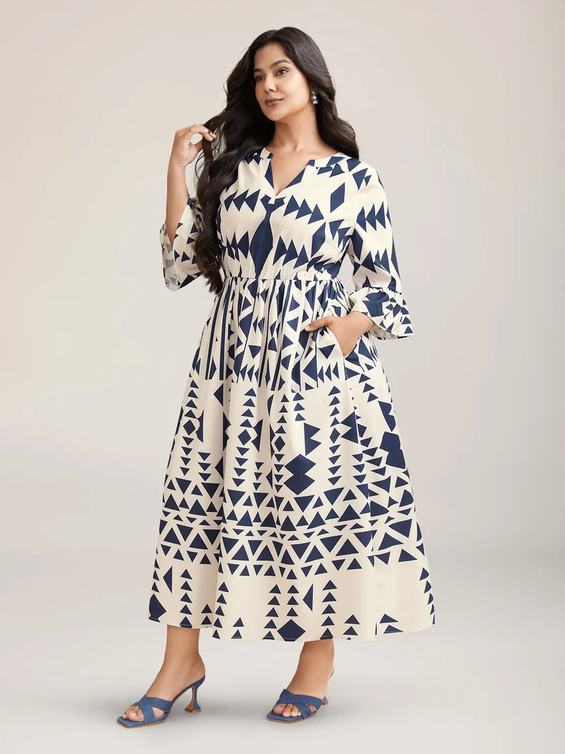 Geometric Print Stretchy Waist Pockets Maxi Dress