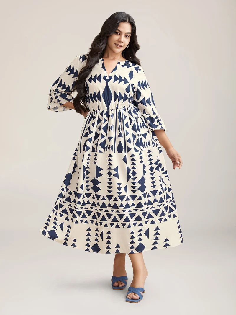 Geometric Print Stretchy Waist Pockets Maxi Dress