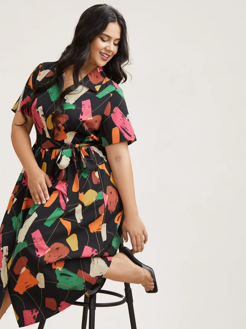 Color Brush Print Stretchy Waist Midi Dress
