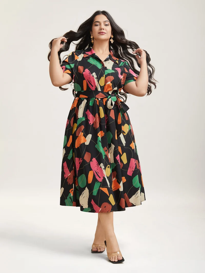 Color Brush Print Stretchy Waist Midi Dress