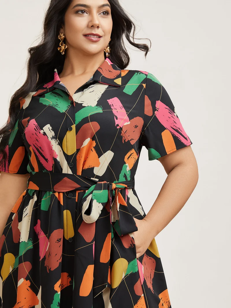 Color Brush Print Stretchy Waist Midi Dress