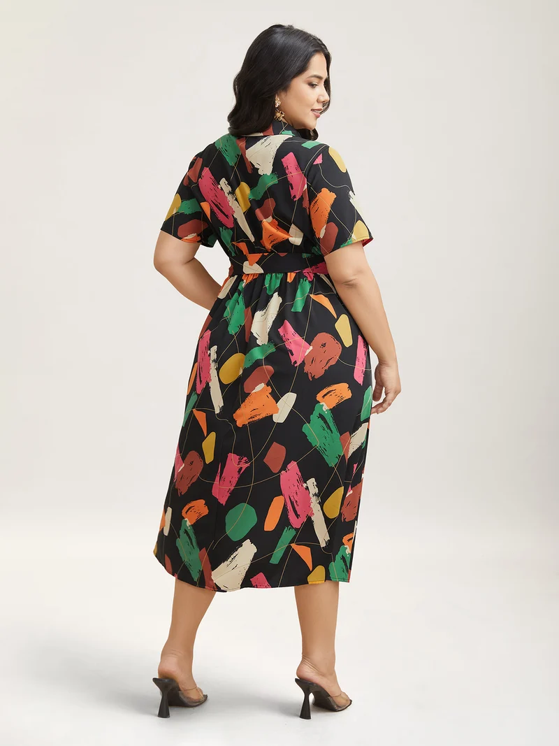 Color Brush Print Stretchy Waist Midi Dress