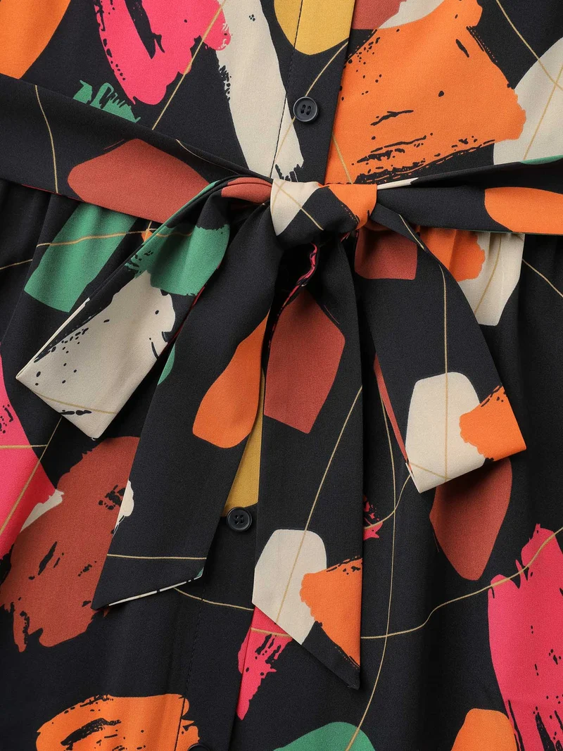 Color Brush Print Stretchy Waist Midi Dress