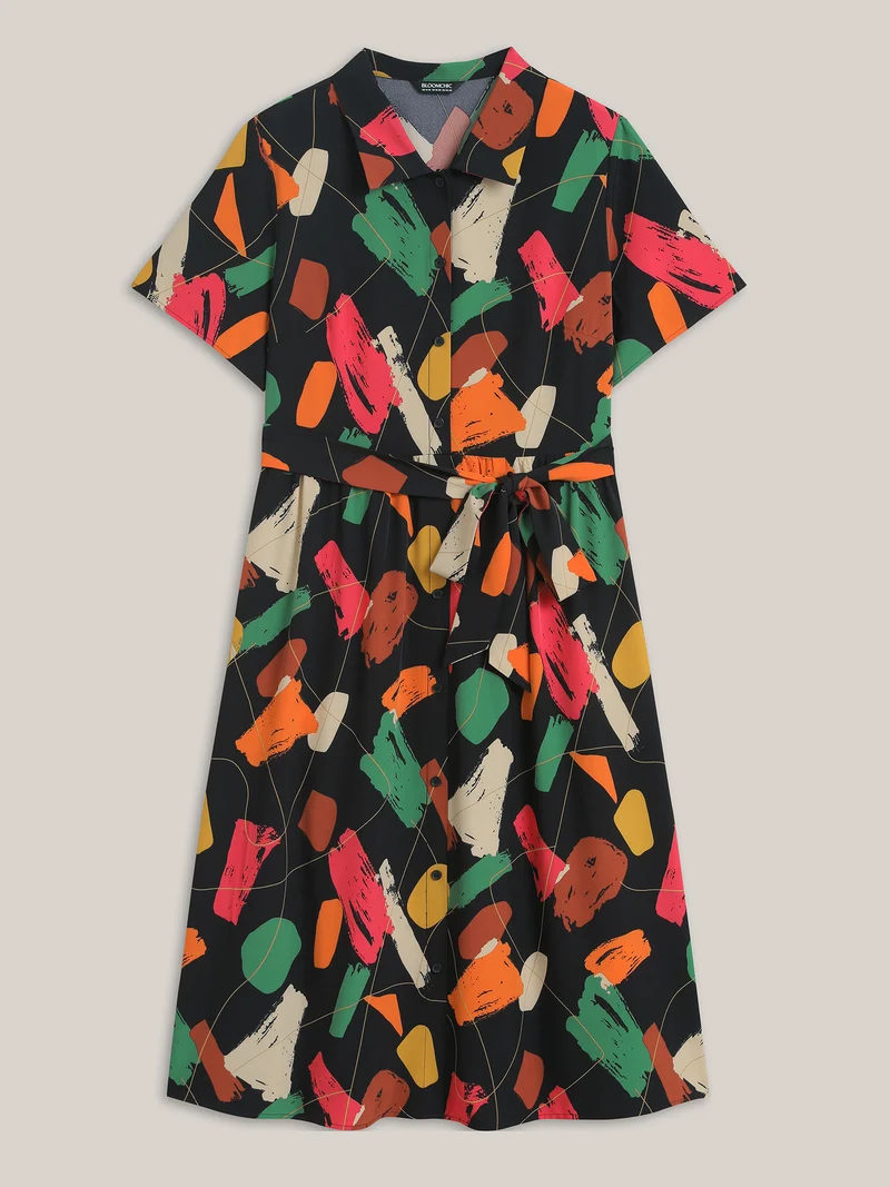 Color Brush Print Stretchy Waist Midi Dress