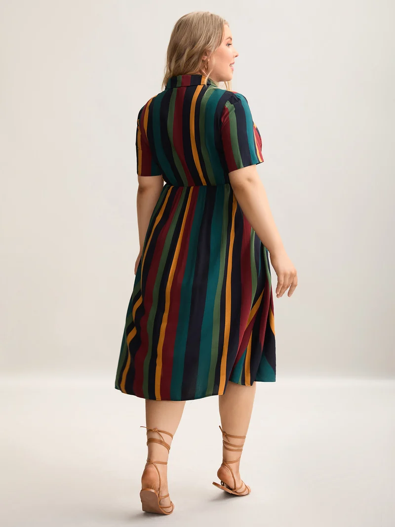 Multi-Color Striped Print Pockets Shirt Dress