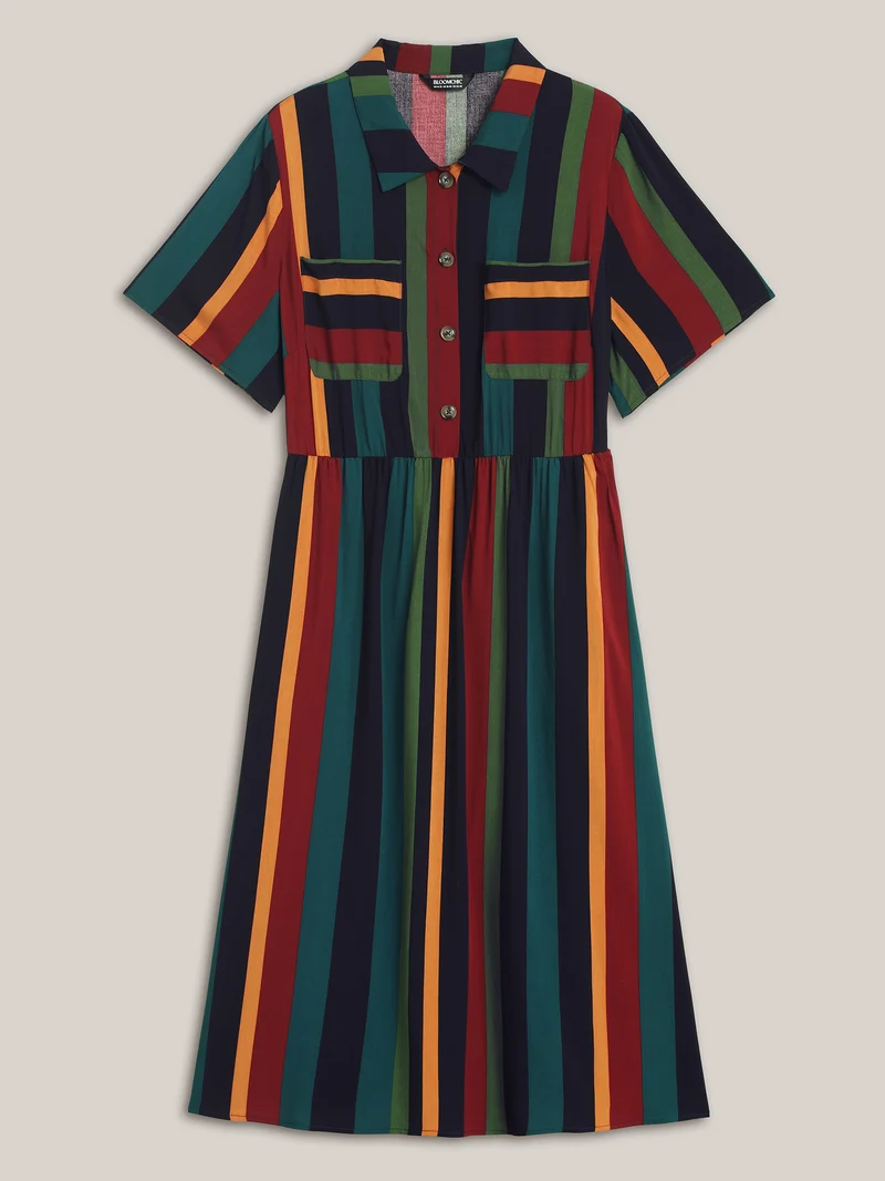 Multi-Color Striped Print Pockets Shirt Dress