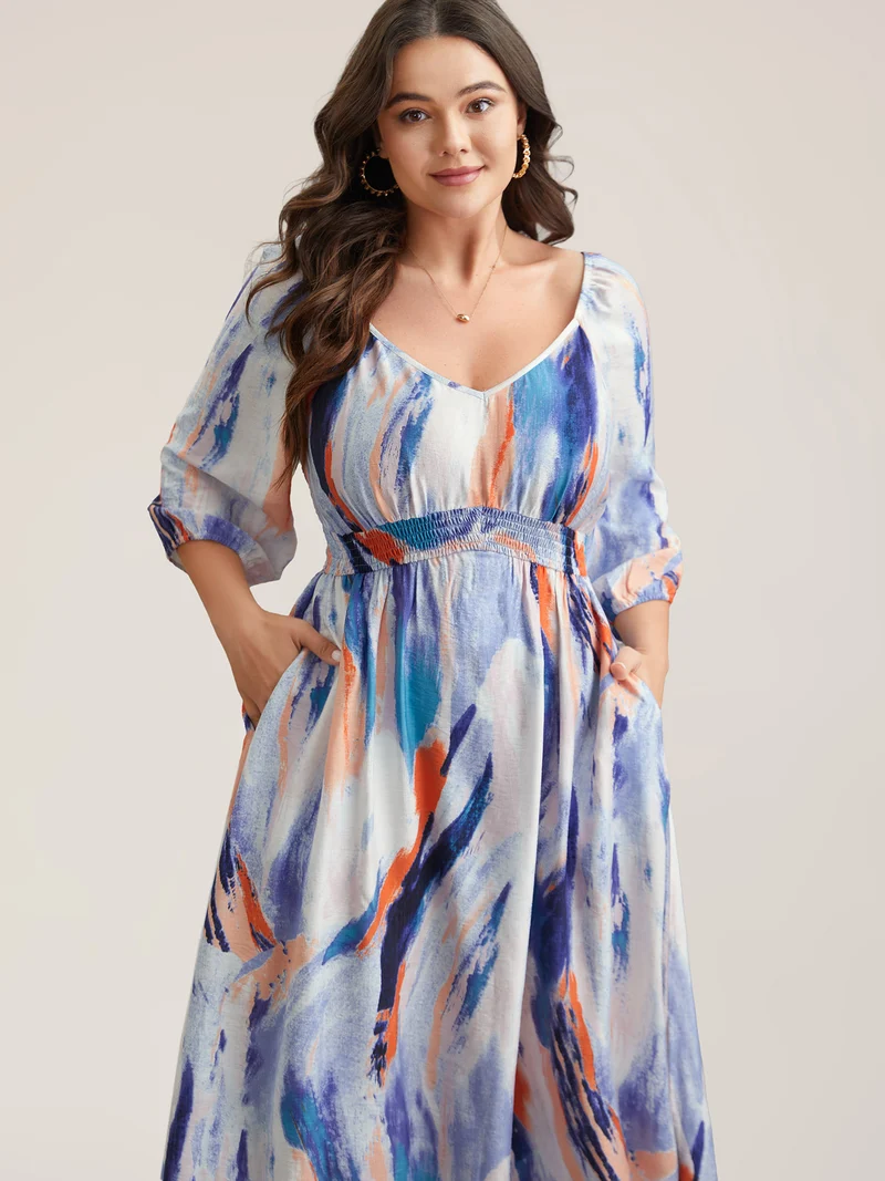 Abstract Print Waist-Cinched Split Hem Maxi Dress