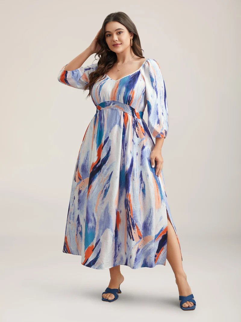 Abstract Print Waist-Cinched Split Hem Maxi Dress