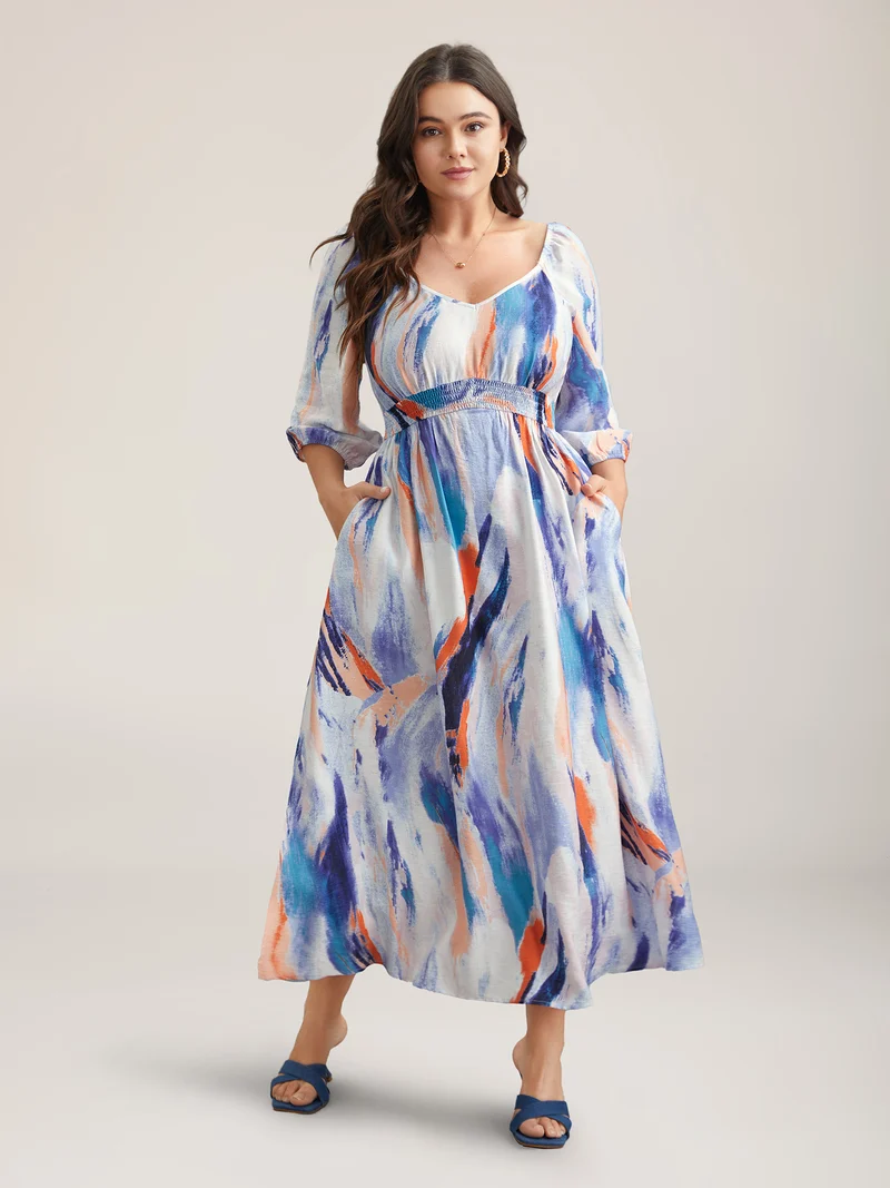 Abstract Print Waist-Cinched Split Hem Maxi Dress