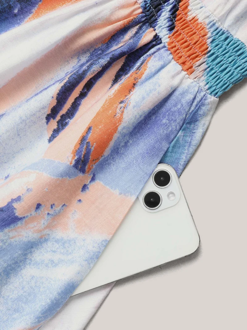 Abstract Print Waist-Cinched Split Hem Maxi Dress