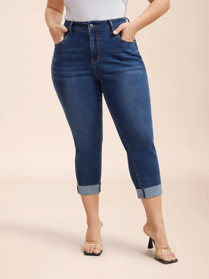 Whiskered Rolled Hem Slim-Fit Jeans