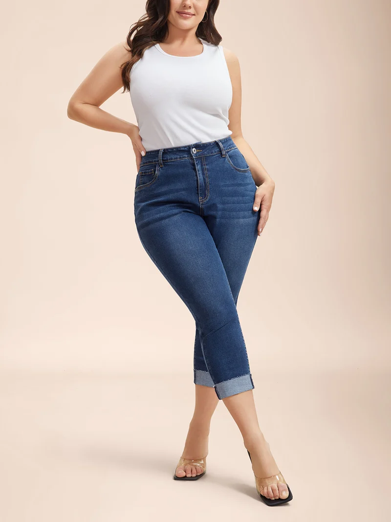 Whiskered Rolled Hem Slim-Fit Jeans