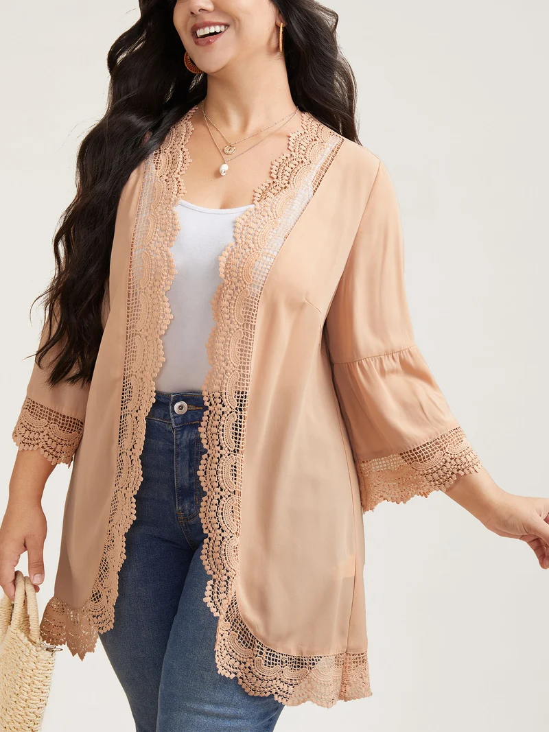Scalloped Lace Open Front Kimono Cardigan