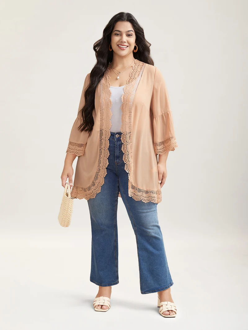 Scalloped Lace Open Front Kimono Cardigan